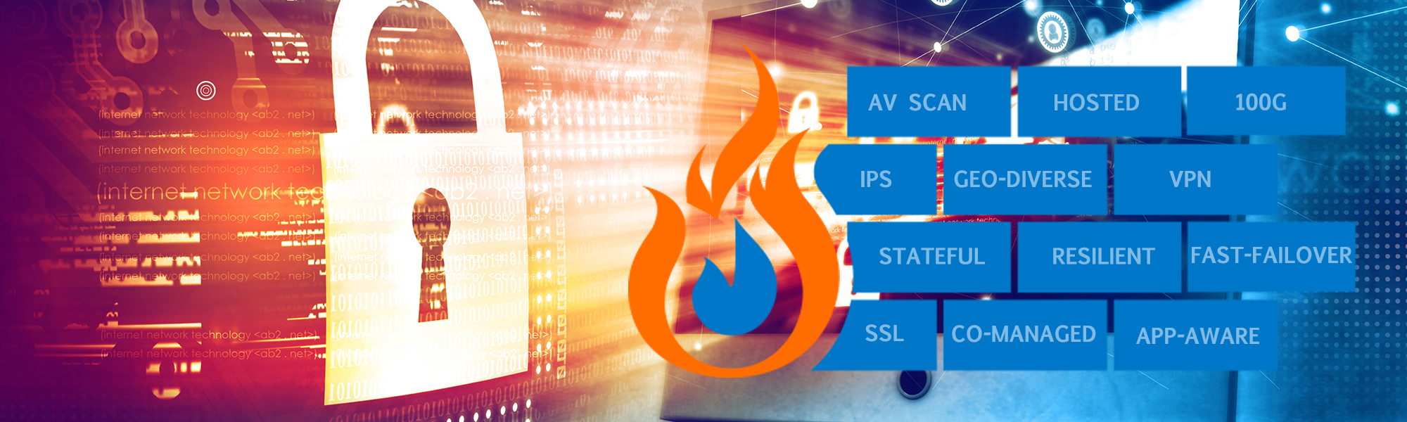 Graphic background with image of a lock, graphic of a fire next to a number of blocks that read: AV Scan, Hosted, 100G, IPS, Geo-diverse, VPN, Stateful, Resilient, Fast-Failover, SSL, Co-managed, App-aware