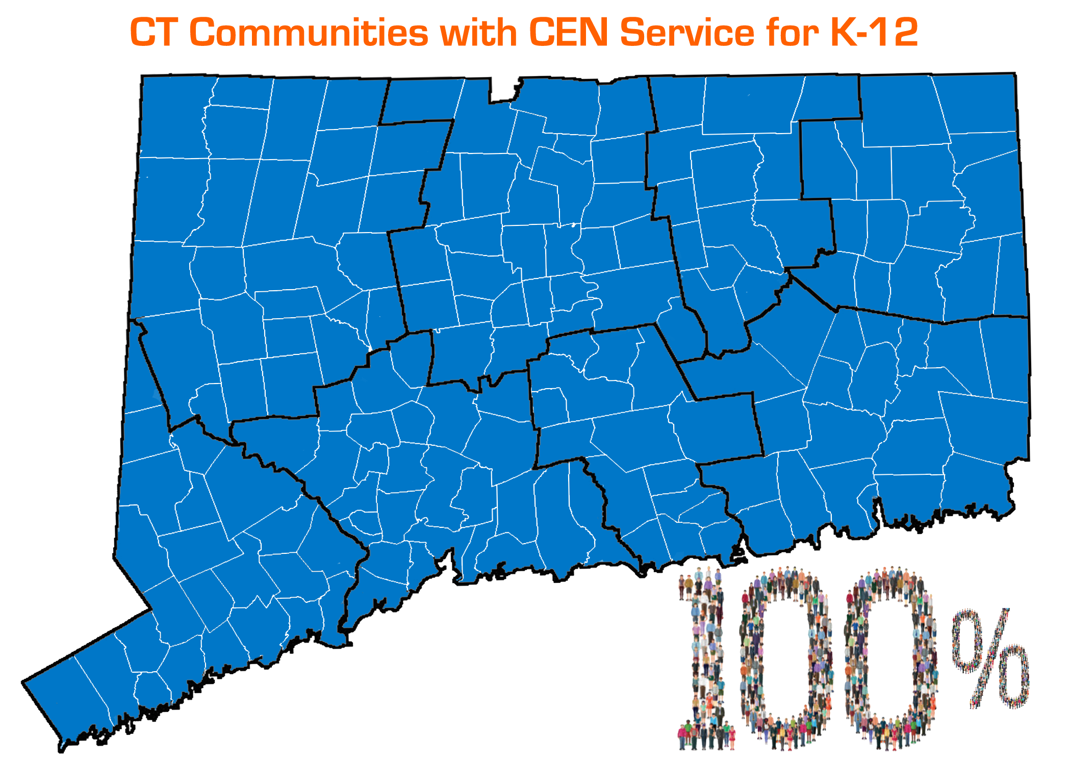 Map of CT partially shaded blue, above map reads: CT Communities with CEN Service for K-12, below map reads: 100%