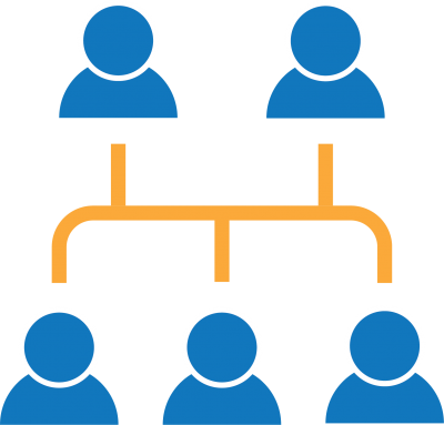 Five blue figures connected by orange lines