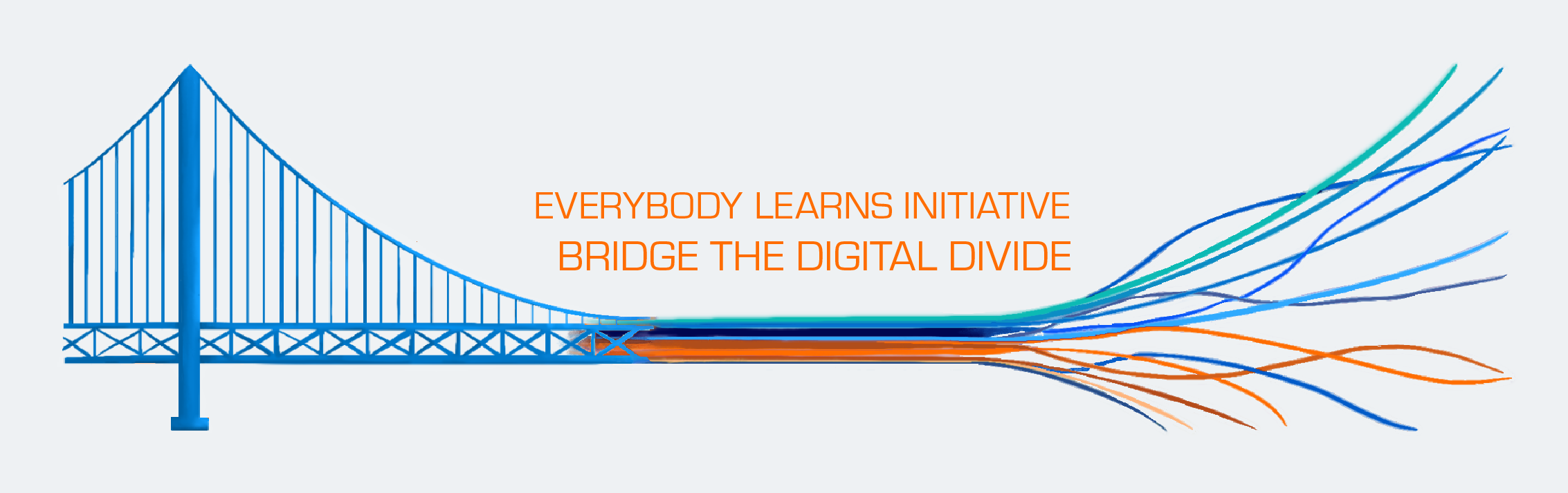 Illustration of a bridge with multi-colored light streams coming out of it on a light gray background. Text reads "Everybody Learns Initiative, Bridge the Digital Divide."